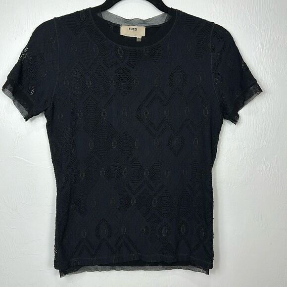 Fuzzi Black Lace Upper Mesh Lining Short Sleeve Crew Neck Top Size L - Picture 1 of 6